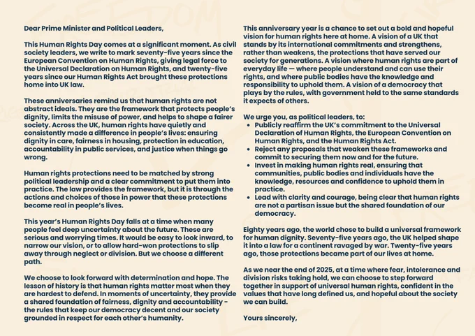 Open letter to UK leaders on Human Rights Day urging commitment to UDHR, ECHR & HRA, and strong rights protections.