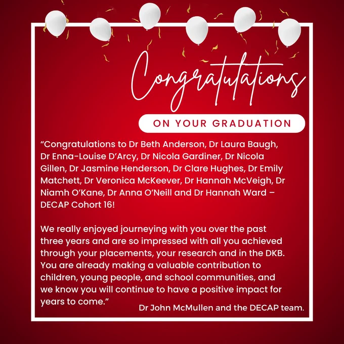 Red graduation congratulations card with white balloons and a message honoring the graduating DECAP class of 2025 for their achievements, and wishing them well.
