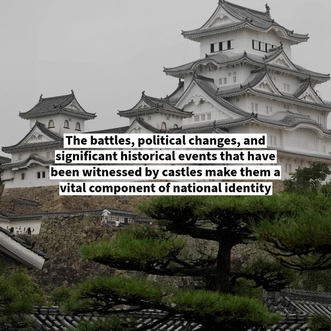 Traditional Japanese castle with white walls and layered tiled roofs surrounded by greenery under a cloudy sky - with the text 'The battles, political changes, and significant historical events that have been witnessed by castles make them a vital component of national identity'