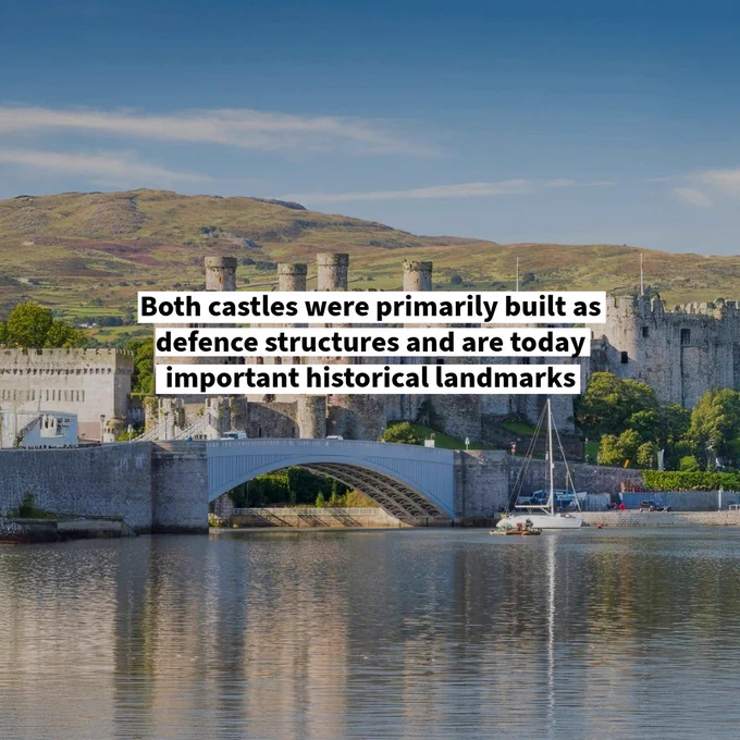 Historic castles with stone walls and towers overlooking a calm river under a clear blue sky - with the text 'Both castles were primarily built as defence structures and are today important historical landmarks'
