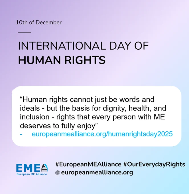 International Day of Human Rights - an image marking this day with a quote from EMEA from its article highlighting what EMEA is doing to make progress in research and treatment of ME