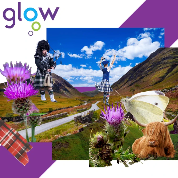 The image shows a collage with a bagpiper, a thistle, a Scottish landscape and more.
