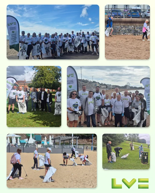A collage of photos showing groups of volunteers participating in cleaning up local beaches and parks. 