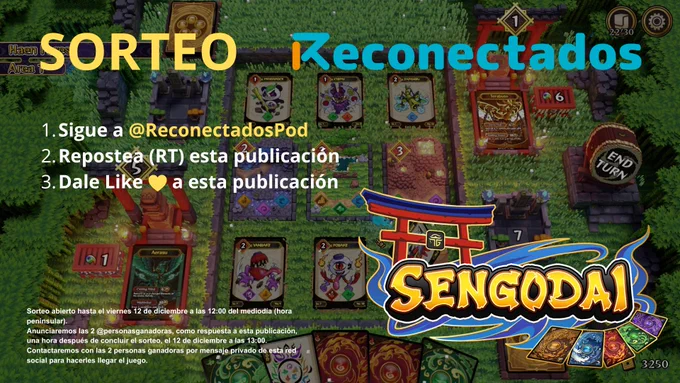Imagen de Sengodai con cartas, logo del juego y de Reconectados y texto con los 3 pasos para participar en el sorteo. Abajo texto que dice: Sorteo abierto hasta el viernes 12 de diciembre a las 12:00 del mediodía (hora peninsular). Anunciaremos las 2 @personasganadoras, como respuesta a esta publicación, una hora después de concluir el sorteo, el 12 de diciembre a las 13:00. Contactaremos con las 2 personas ganadoras por mensaje privado de esta red social para hacerles llegar el juego.