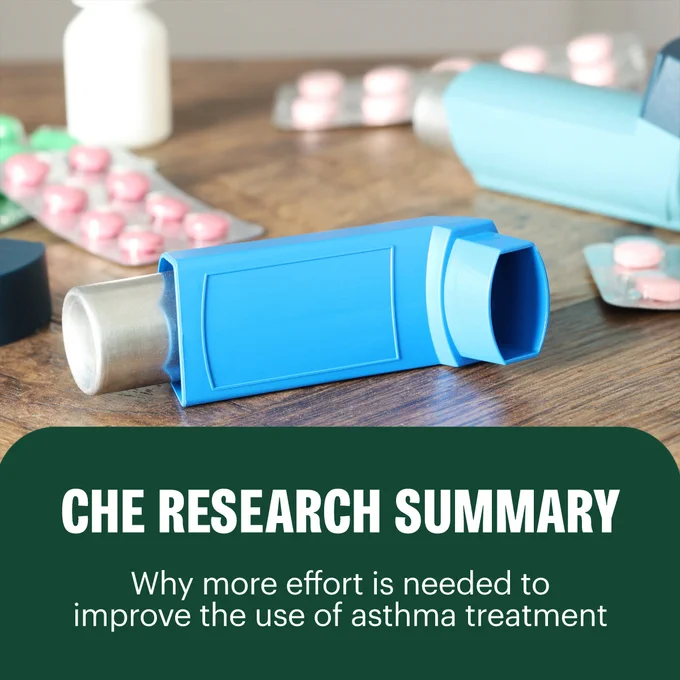A close-up photograph of a blue asthma inhaler resting on a wooden table, surrounded by various blister packs of pink and green tablets and a white pill bottle. A dark green overlay at the bottom contains the white text: "CHE RESEARCH SUMMARY" in large bold letters, followed by a smaller line of text: "Why more effort is needed to improve the use of asthma treatment".