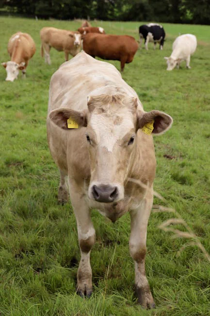 A serene countryside scene of dairy cattle grazing in a lush green pasture, showcasing rural farming life.