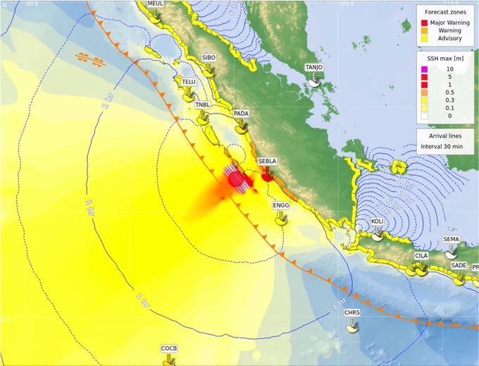 Snapshot of the modelling of a tsunami scenario. By Sven Harig, Antonia Immerz, Weniza, Jonathan Griffin, et al., 2020: http://doi.org/10.1007/s00024-019-02305-1.