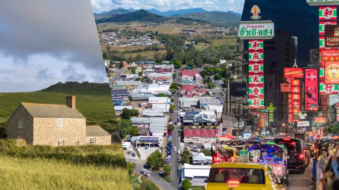 Photo collage showing rural, town and city settings.