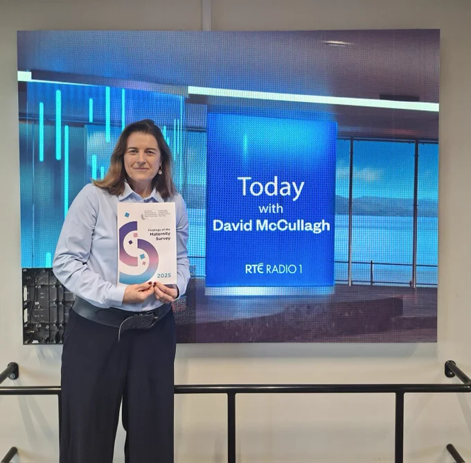 Tracy O’Carroll holding a copy of the National Maternity Experience Survey in the RTÉ studio.