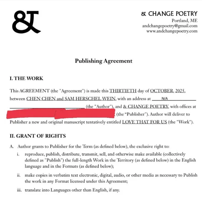 first bit of the & Change Poetry publishing contract for LOVE THAT FOR US, a new collab chapbook with Sam Herschel Wein