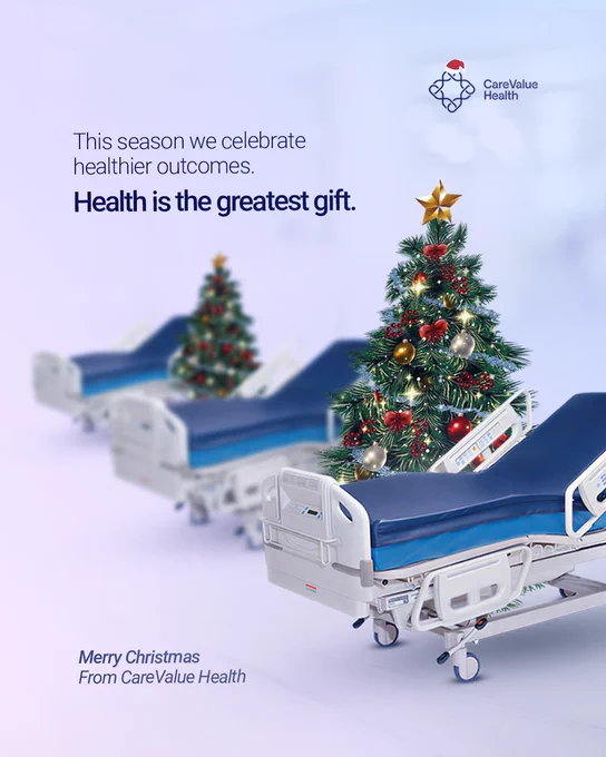 This season, we celebrate healthier outcomes.
Health is the greatest gift.
Three empty hospital beds with two decorated christmas trees between them.
Merry Christmas from Care Value Health