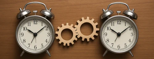 Two vintage silver alarm clocks showing different times connected by two interlocking wooden gears on a wooden surface.