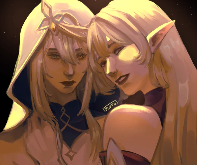 Rhinedottir and Alice very close together under intense golden light