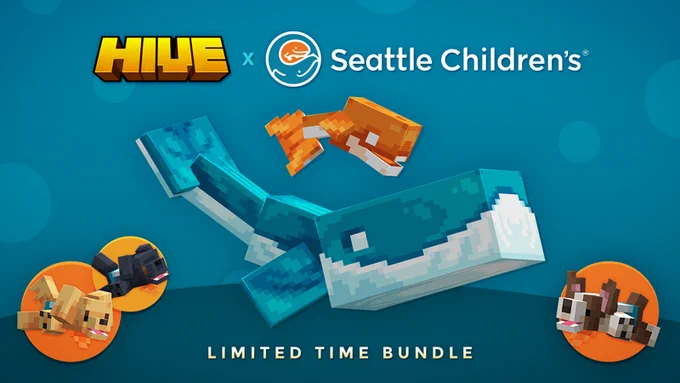 Keyart for the Hive x Seattle's Children's "Bundle of Hope", showcasing the pet whale, the whale mount, and Therapy Buddy hats.