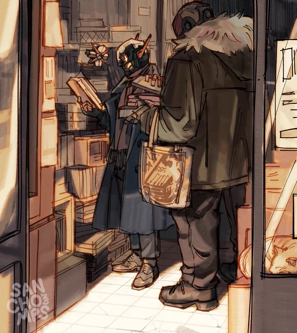 Sissel browses through an old bookstore, its stock piled high from the floor. With one hand, he skims through a book while his Ghost Sterling floats above. With the other hand, Sissel adds another book on a pile that Audax holds for him.
Sissel belongs to @panicbone_