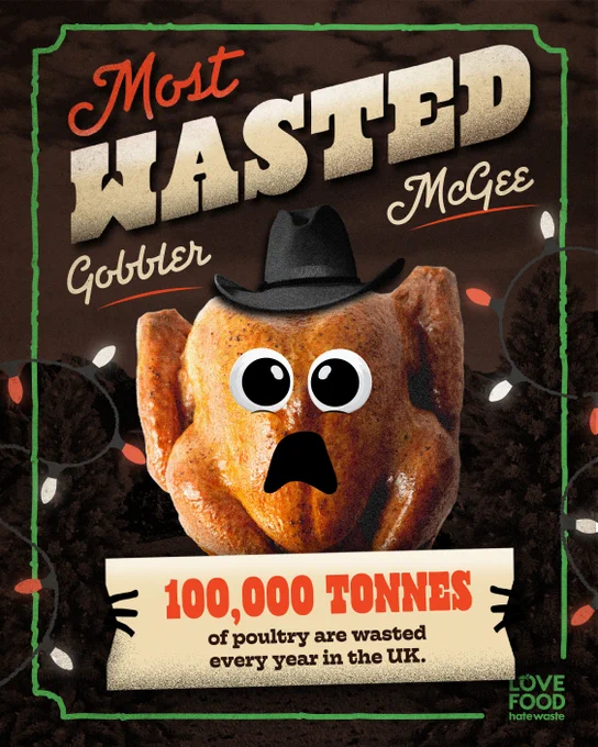 Most wasted. Gobbler McGee. 100,000 tonnes of poultry are wasted every year in the UK. A turkey with black hat pulls a shocked face and is surrounded by Christmas lights. Love Food. Hate waste.