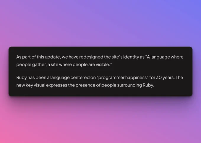 Dark rounded rectangle with white paragraph text about Ruby's redesigned site identity, set against a purple-to-pink gradient background.