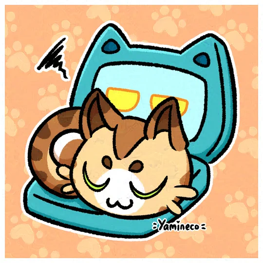 Isekat's cat main character (brown tabby cat) sleeping on Lappy (legendary artifact looking like a teal laptop with cat ears and face on screen) Lappy isn't too amused by this.