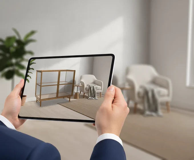A tablet displays an AR 3D interior design rendering placed inside a real living room, showing virtual furniture and décor positioned at true scale using augmented reality. This image represents how AR visualization and 3D rendering allow designers, architects, and real estate professionals to preview layouts, furniture placement, and interior concepts in real-world environments before execution. A powerful example of design visualization, spatial accuracy, immersive technology, and next-generation interior rendering in action.