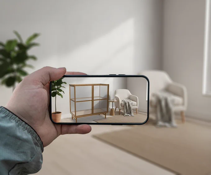 A tablet shows an augmented reality 3D interior rendering placed inside a real living space, accurately visualizing furniture, layout, and design elements at true scale. This image highlights how AR visualization and photorealistic 3D rendering enable designers, architects, and real estate professionals to preview and validate interior concepts before construction or production. A clear example of immersive design technology, interior visualization, and next-generation AR rendering in action.