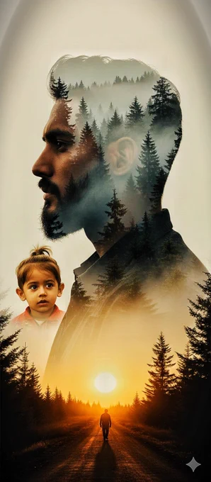 ​"A cinematic double exposure artwork. The main silhouette is a side profile of a handsome man with a beard and contemplative expression. Layered within his hair and torso are tall pine trees and a misty forest. To his left, a smaller, realistic portrait of a young boy with light brown hair looking curious. At the bottom, a silhouette of a person walking down a long road towards a glowing golden sunset, framed by pine tree branches. Soft, warm lighting, minimalist off-white background, highly detailed, emotional storytelling style."
