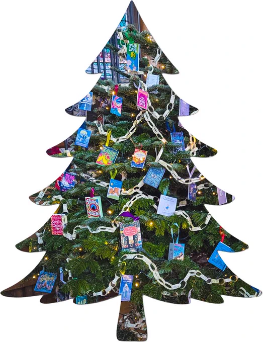 A photograph of a Christmas Tree full of books
