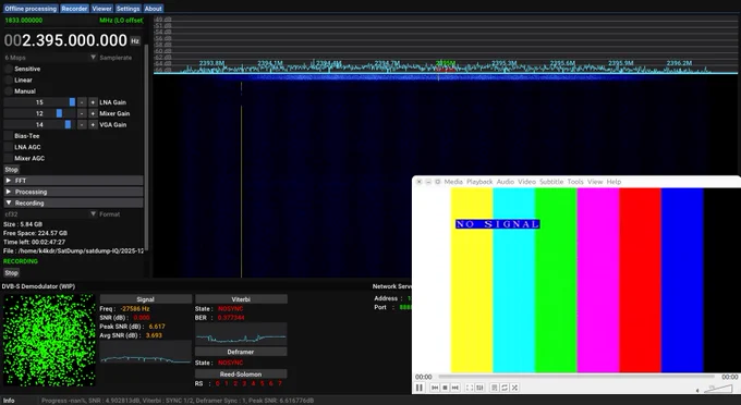 Color-bar test pattern from the S-Band HamTV transmitter on the ISS in VLC Media Player as decoded by SatDump