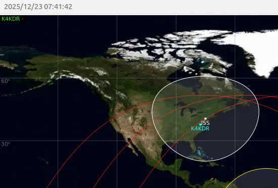 ISS orbit in GPredict tracking SW-to-NE over the Eastern U.S.