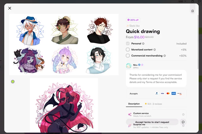 screenshot of vgen art commission with a discount
