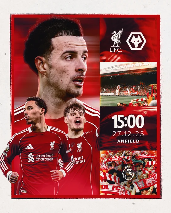 Matchday graphic for Liverpool vs Wolves in the Premier League.

The match will take place on Saturday 27th December 2025, 15:00 GMT kick-off at Anfield.