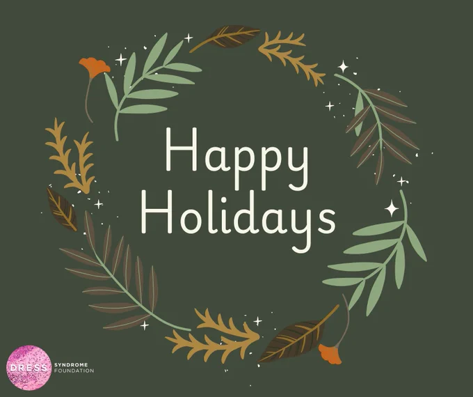 Green holiday wreath with assorted leaves and orange flowers surrounding the text 'Happy Holidays' on a dark green background.