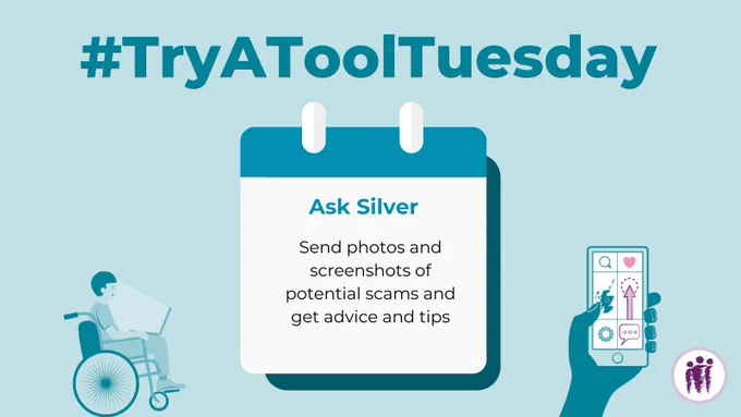 Blue themed graphic showing a wheelchair user on his laptop and a hand holding a phone
