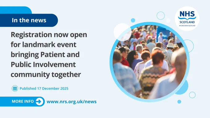Promotional graphic for an NHS Research Scotland event, featuring a crowd of attendees in a conference setting, with text announcing the opening of registration for a landmark event to bring Patient and community together. Published on 17 December 2025. More info at nrs.org.uk/news.