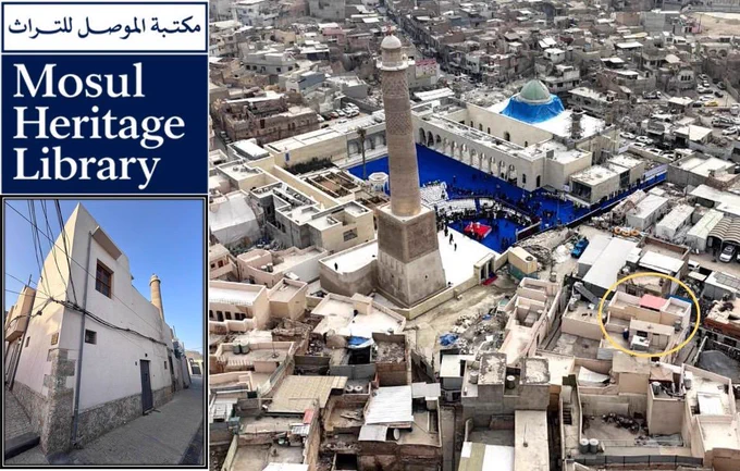 Aerial view of al‑Nouri Mosque, with the iconic leaning al‑Hadbaʾ minaret alongside the Mosul Heritage Library. 
Image credit: AFP