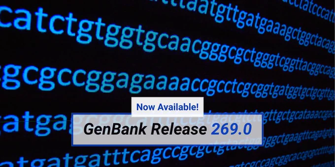 Lines of DNA base pairs, atgc, in the background. Text says: Now Available! GenBank Release 269.0