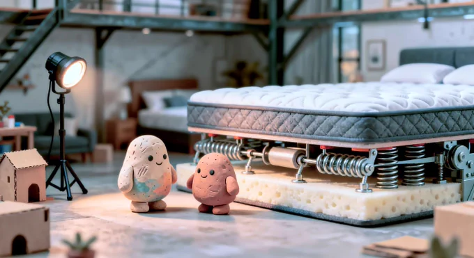 A hyper-realistic, cinematic cross-section of a luxury hybrid mattress sitting in a modern, industrial-chic loft bedroom. Golden hour sunlight hitting the exposed steel coils and layers of memory foam. The image should highlight the mechanical suspension system inside. High resolution, 8k, shallow depth of field, photorealistic style.