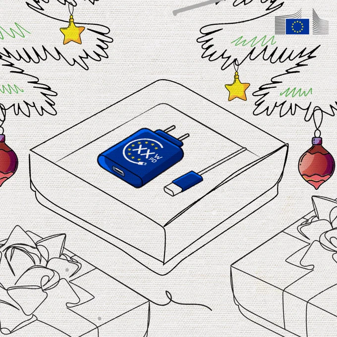 An outlined drawing features an open gift box containing a blue wall charger patterned with the EU-flag themed label and a USB-C cable. The visual includes outlines of Christmas tree branches, yellow star ornaments, and red ball ornaments, along with other gift outlines below, and a small EU flag graphic in the top right corner. 