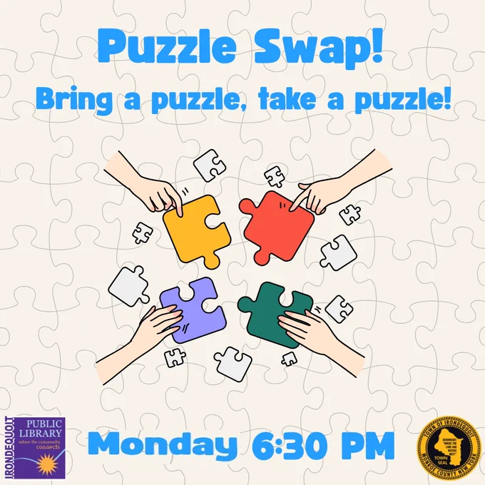 Promo image for library program:

Puzzle Swap
Bring a Puzzle, Take a Puzzle!

Monday, December 29
6:30 PM