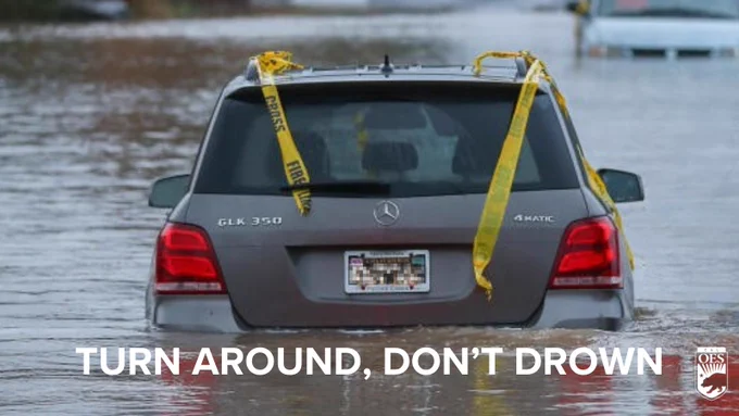 Turn around, don't drown. Image of vehicle in flooded water