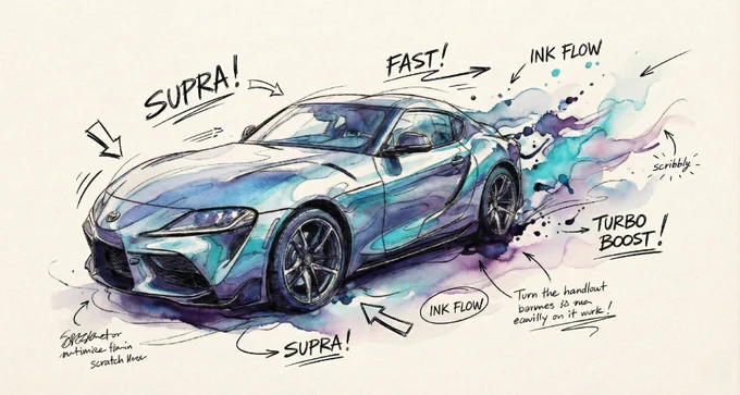A hand-drawn illustration in watercolors and pen, featuring a Toyota Supra rendered with expressive lines and realistic paper texture. The artwork is surrounded by comic-style annotations, arrows, speed lines, and handwritten notes like 'FAST!', 'INK FLOW!', 'TURBO BOOST', and 'SCRATCH HERE!'. The watercolor splashes and smoke effects are loose and textured, with visible pen strokes throughout. The style is energetic and inspired by doodle art.