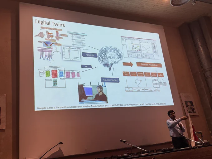 Amrita talk on democratizing digital brain twins at the 10th School of Brain Cells and Circuits "Camillo Golgi" held at Erice, Italy. 
Amrita research was presented at the the 10th International school of brain cells & circuits course dedicated to the Italian Nobel laureate “Camillo Golgi”. On invitation from the School of Brain Cells & Circuits "Camillo Golgi" directors, our Amrita Mind Brain Center Professor and Director, Dr. Shyam Diwakar showcased multidisciplinary brain research including the work at our Amrita Hospital, Kochi and our research centers highlight the need for democratizing digital twins. This year's program held December 2-7, 2025 at Erice, Italy was organised on the title "A Decade of Discovery: The Erice Camillo Golgi School – Modeling the Brain from Neurons to Large-Scale Signals and Digital Twins in Health and Disease". 
