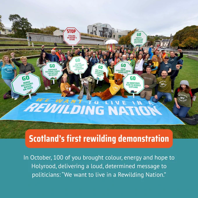 A large group of people gathered outside the Scottish Parliament building, holding signs with messages like "Go Protect and Restore Ecosystems" and "Stop Stalling on Nature's Future." They stand behind a banner reading "We Want to Live in a Rewilding Nation." Some participants wear animal costumes. The image includes text: "Scotland's first rewilding demonstration. In October, 100 of you brought colour, energy and hope to Holyrood, delivering a loud, determined message to politicians: “We want to live in a Rewilding Nation.”