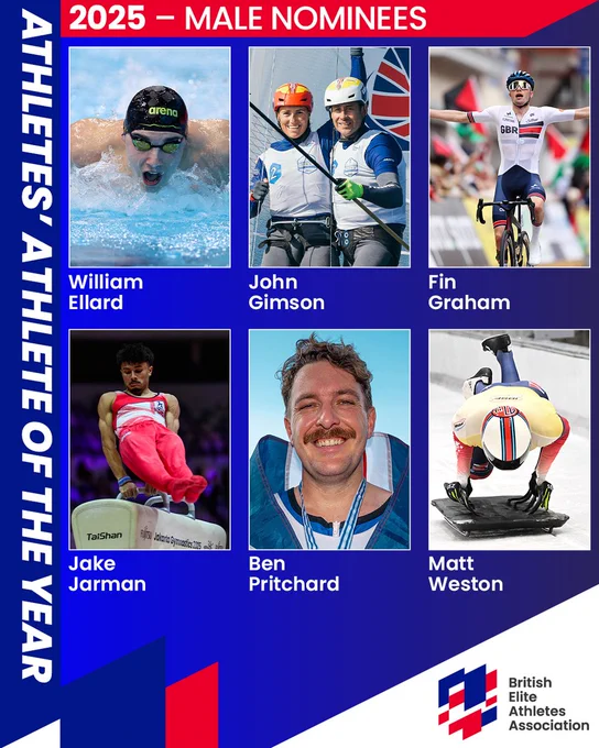 A graphic with photos of the 2025 male Athletes' Athlete of the Year nominees: William Ellard, John Gimson, Fin Graham, Jake Jarman, Ben Pritchard, Matt Weston.