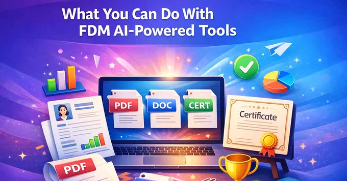 Illustration showing a laptop with AI-powered document tools including PDF, DOC, and certificate creation, representing Free Document Maker’s AI tools for instant document generation.