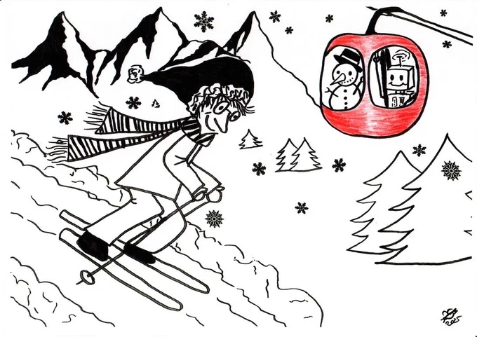 NanoWorld AFM probes holiday cartoon 2025 showing the NanoWorld professor on the left-hand side of the drawing skiing down a slope and the NanoWorld robot on the upper right-hand side sitting in a gondola together with a snowman watching the professor from above. Some mountains are drawn in the background.