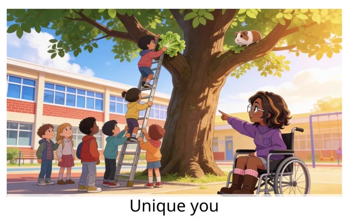 Cover page of the book “Unique you”. Image shows kids trying to lure a guinea pig off a tree. On the side sits an African American girl in a wheelchair directing their efforts.