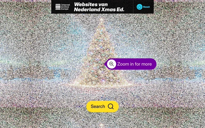 Screenshot from the Websites of the Netherlands Xmas Edition, with a small Internet Archive Europe logo at the top of a dense photomosaic composed of millions of tiny Dutch website captures forming the image of a bright, decorated Christmas tree.