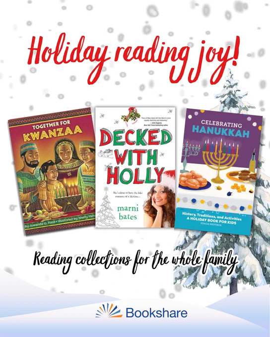 A collection of holiday ebooks over a winter wonderland background.