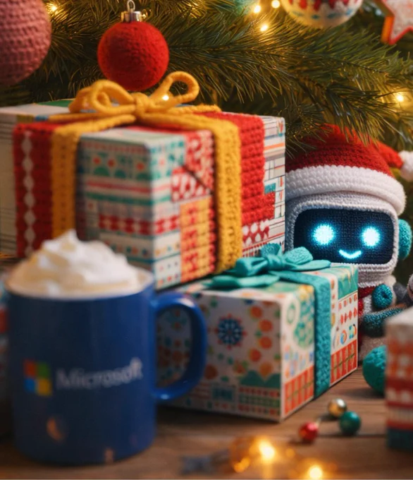 Ein Nahaufnahme von bunten gehäkelten Weihnachtsgeschenken unter einem Baum. Ein kleiner, lächelnder gehäkelter Roboter mit einem Santa-Hut lugt hinter den Geschenken hervor.

Eine blaue Microsoft-Tasse, gefüllt mit Schlagsahne, steht im Vordergrund.