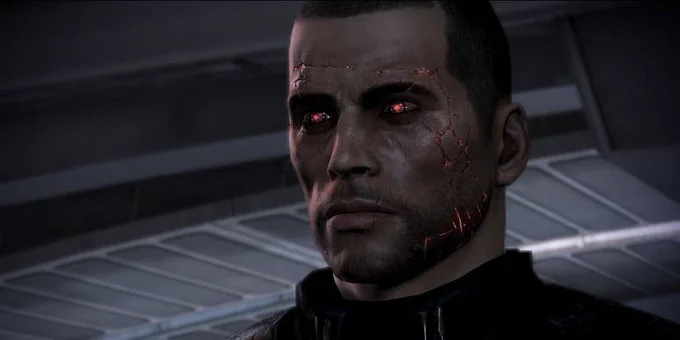 An image of Renegade Shepard with red glowing eyes. 